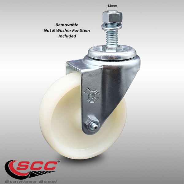 4 Inch SS Nylon Wheel Swivel 12mm Threaded Stem Caster Wheel